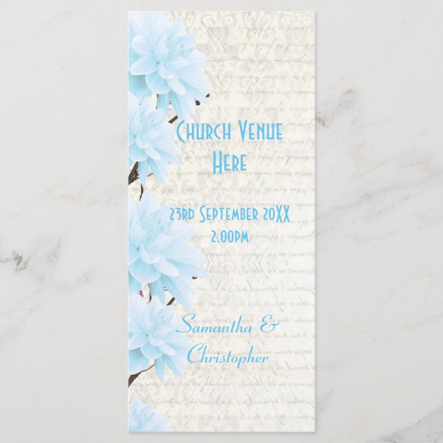 Programa de casamento da igreja floral azul-pastel (Frente)