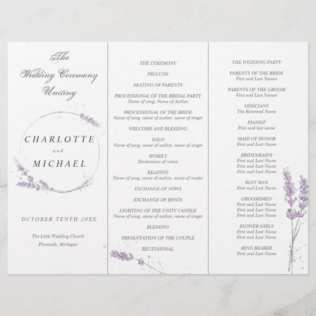 Programa de casamento da lavanda d'água (Frente)