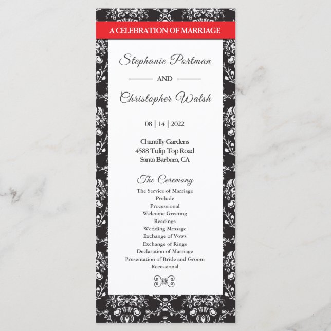Programa de Casamento Damask Black White Stripe (Frente)