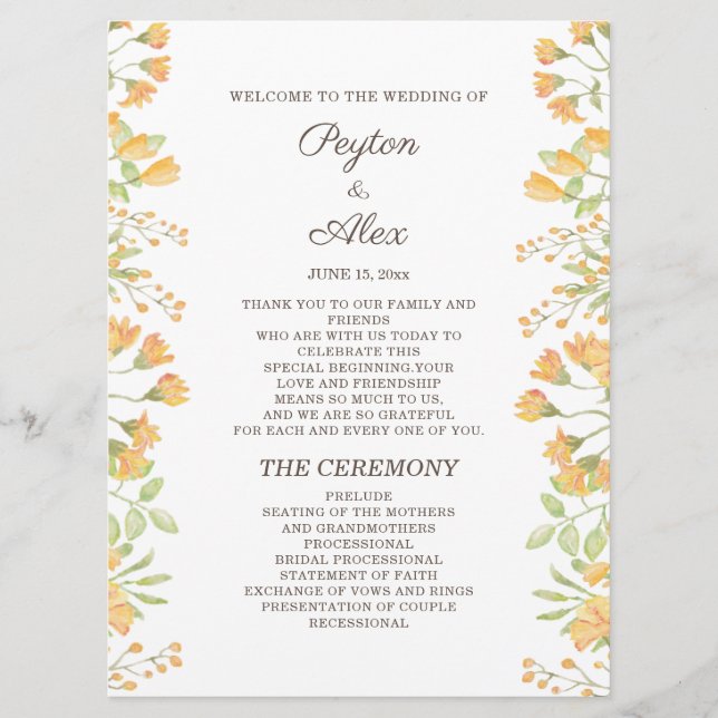 Programa de Casamento de 2 Lados Floral Amarelo Pa (Frente)
