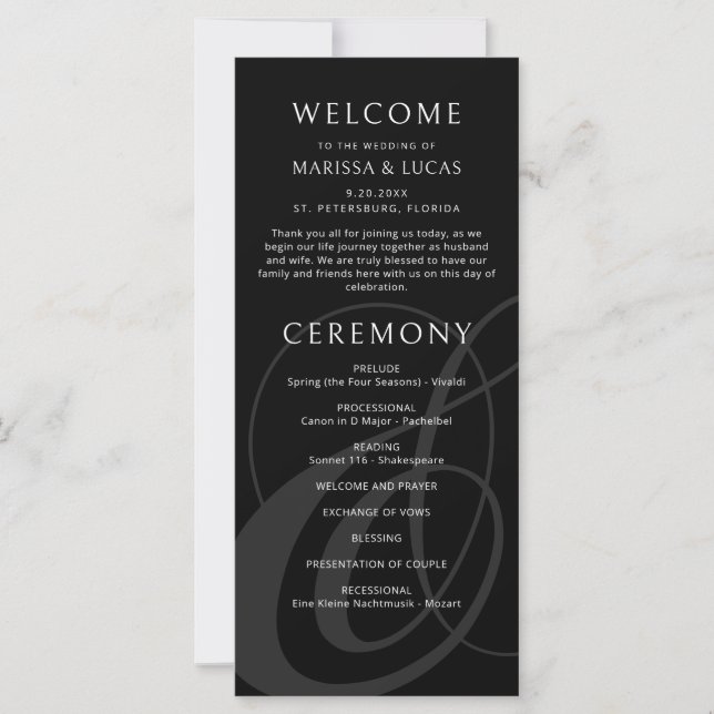Programa de Casamento de Ampersand Negro de Script (Frente)