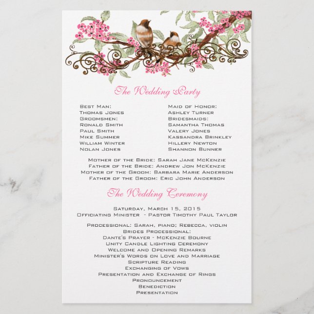 Programa de Casamento de Aves Vintage Pink Flowers (Frente)