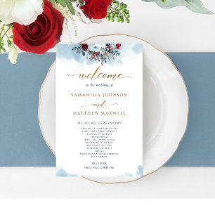 Programa de Casamento de Azul Elegante e Cores d'