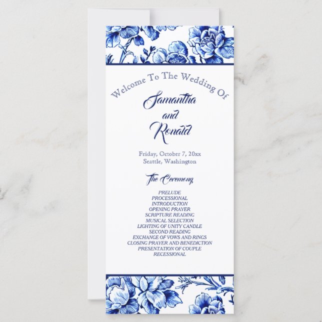 Programa de Casamento de Banho Floral Azul e Branc (Frente)