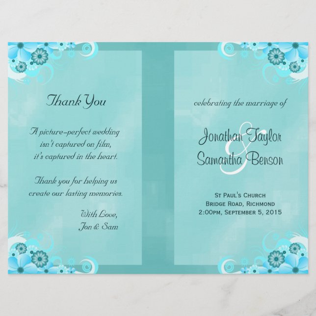 Programa de Casamento de Bi-Fold Teal Floral Azul- (Frente)