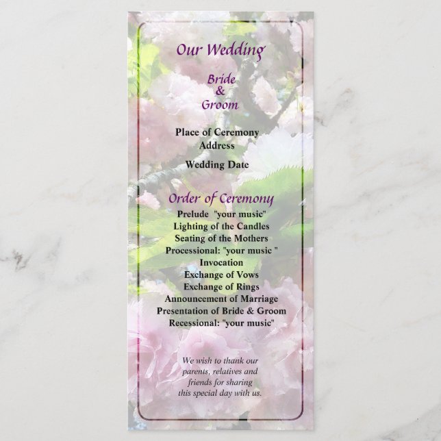 Programa de Casamento de Blossomas de Cereja Dupla (Frente)