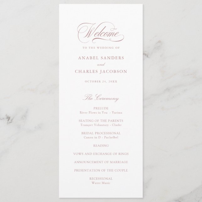 Programa de Casamento de Blush de Script Elegante (Frente)