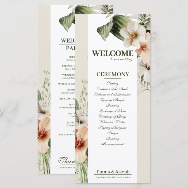 Programa de Casamento de Boho Pastel, de hibisco t (Frente/Verso)