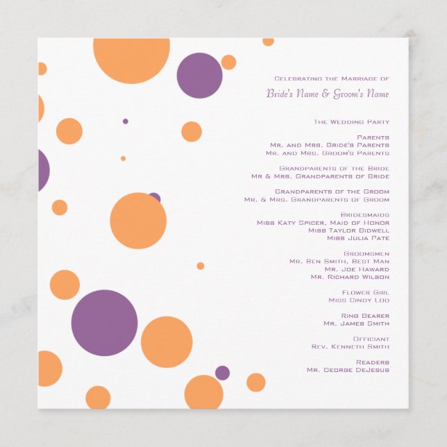 Programa de Casamento de Bolinhas Roxas e Laranja (Frente)