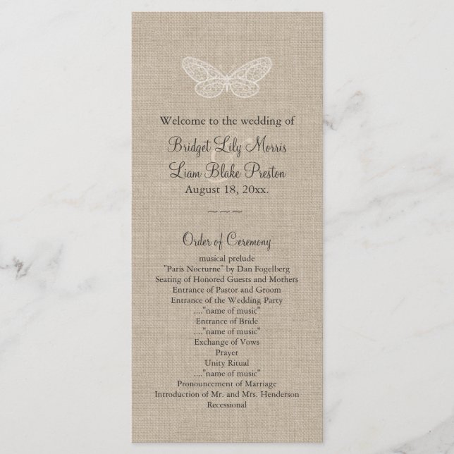 Programa de Casamento de Borboletas Lace em Burlap (Frente)