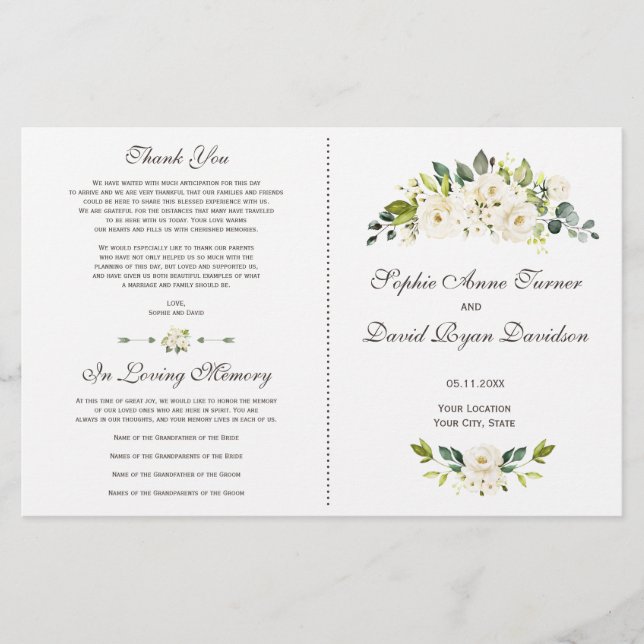 Programa de Casamento de Buquês de Flores Brancas  (Frente)