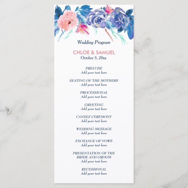 Programa de Casamento de Buquês Rosas Azul Peach (Frente)