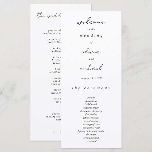 Programa de Casamento de Caligrafia Minimalista (Frente/Verso)