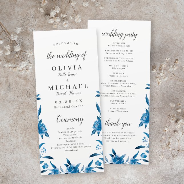 Programa de Casamento de Chinoiserie floral Blue W (Blue Watercolor floral Chinoiserie Wedding Program)