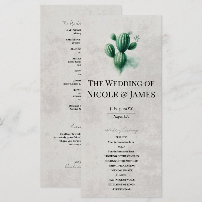 Programa de Casamento de Cinzas de Pedra de Cactus (Frente/Verso)