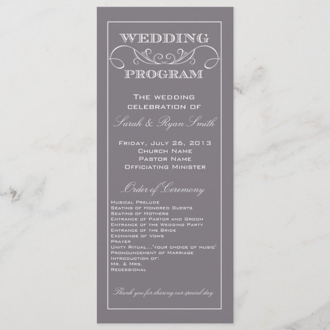 Programa de Casamento de Cinzas Elegantes (Frente)