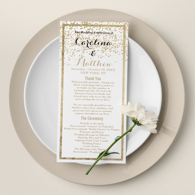 Programa de Casamento de Confetti de Ouro Branco d (Simple classy white gold confetti Wedding Program )
