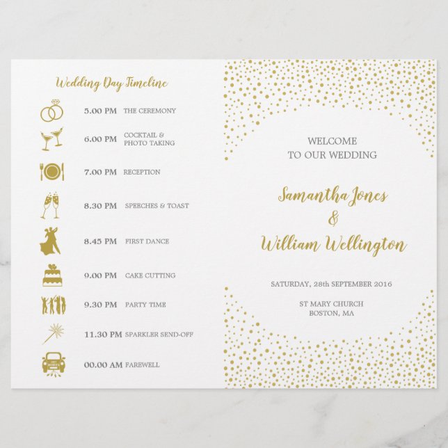 Programa de Casamento de Confetti Dourado Elegante (Frente)