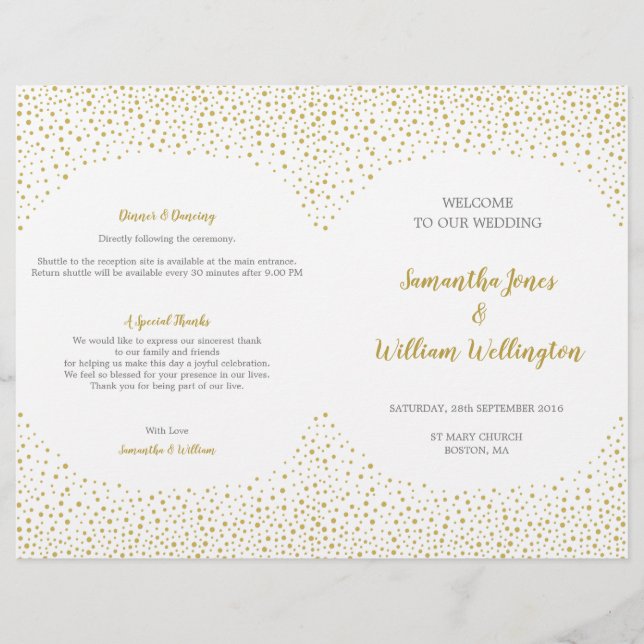 Programa de Casamento de Confetti Dourado Elegante (Frente)