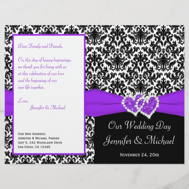 Programa de Casamento de Corações de Damascos Roxo (Frente)