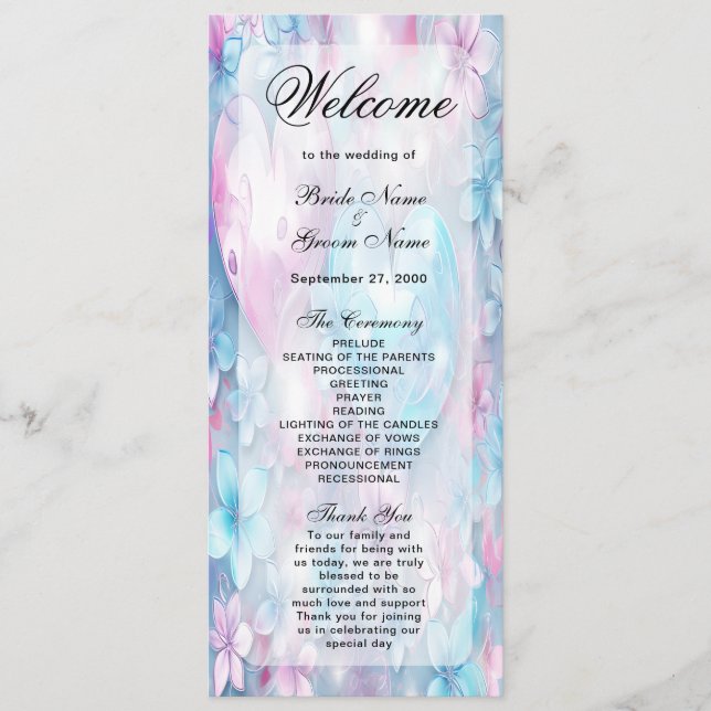 Programa de Casamento de Corações e Flores de Aqua (Frente)