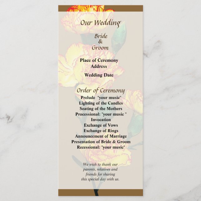 Programa de Casamento de Cravos Amarelos de ponta  (Frente)