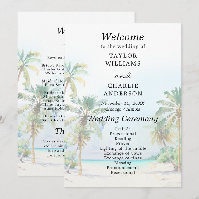 Programa de Casamento de Destino de Praia Tropical (Frente/Verso)