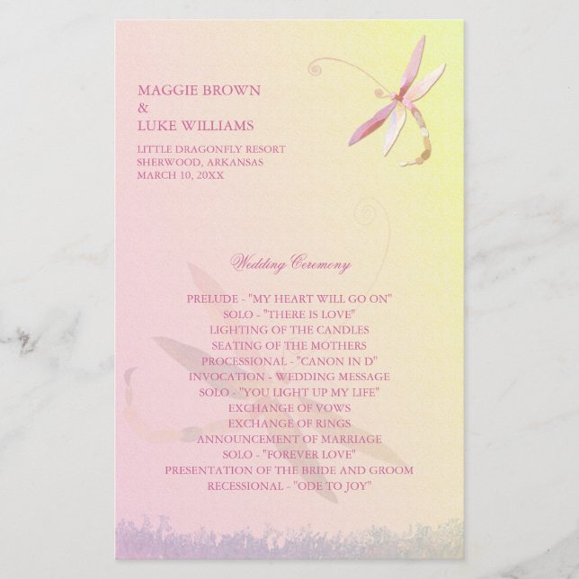 Programa de Casamento de Dragonfly Amarelo e Rosa  (Frente)