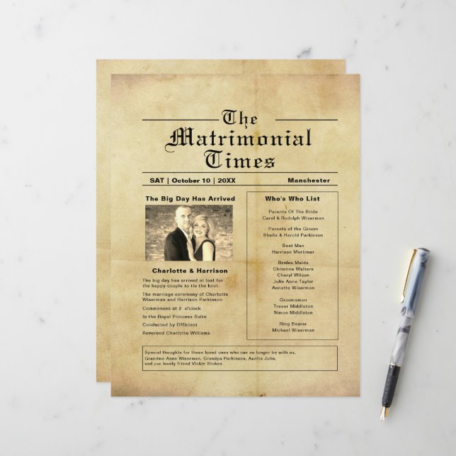 Programa de Casamento de Estilo de Jornal Vintage (Frente/Verso In Situ)