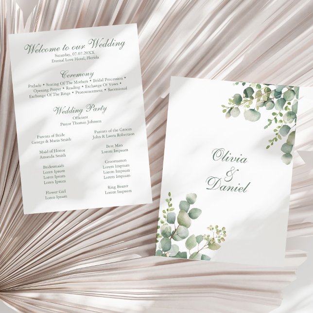 Programa de Casamento de Eucalipto com Vegetação M (Modern Greenery Eucalyptus Wedding Program on a sunny dry palm leaf.)