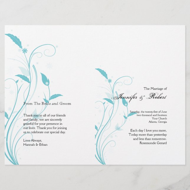 Programa de Casamento de Filigre Floral Azul Aqua (Frente)