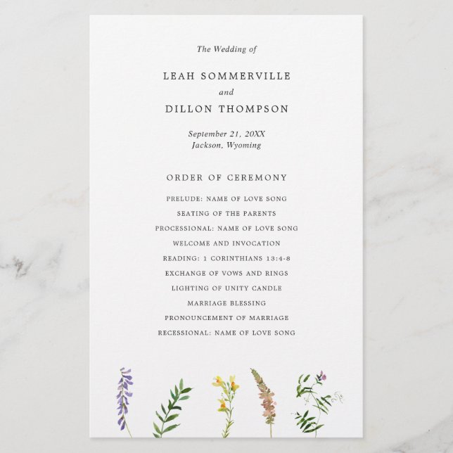 Programa de Casamento de Flor Silvestre Floral Rús (Frente)
