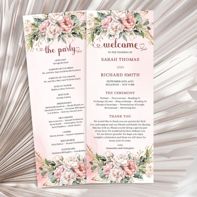 Programa de Casamento de Flora com Dourado Rosado  (Classic Rose Gold Floral Greenery Wedding Program)