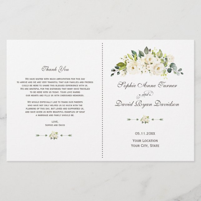 Programa de Casamento de Flores Brancas Delicadas  (Frente)