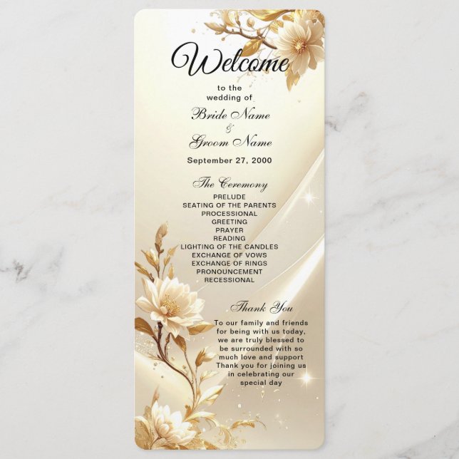 Programa de Casamento de Flores Brancas e Douradas (Frente)