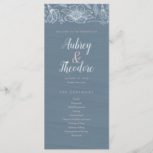 Programa de Casamento de Flores Dusty Blue & Blush (Frente)