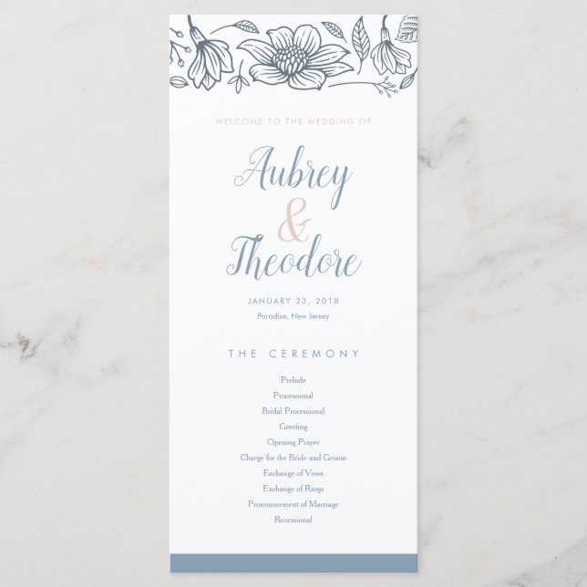 Programa de Casamento de Flores Dusty Blue & Blush (Frente)