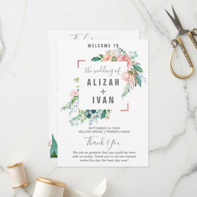 Programa de Casamento de Flores Românticas de Peôn (Frente/Verso In Situ)