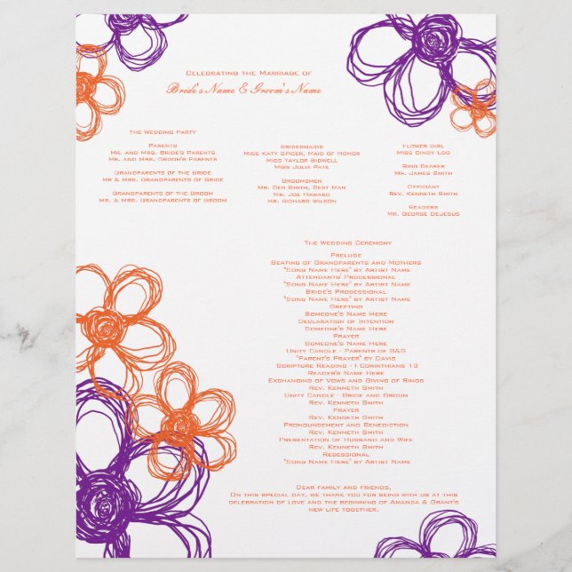 Programa de Casamento de Flores Selvagens Roxas e  (Frente)
