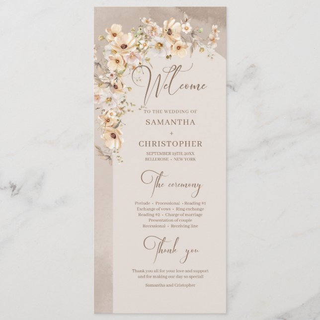 Programa de casamento de flores silvestres rústica (Frente)