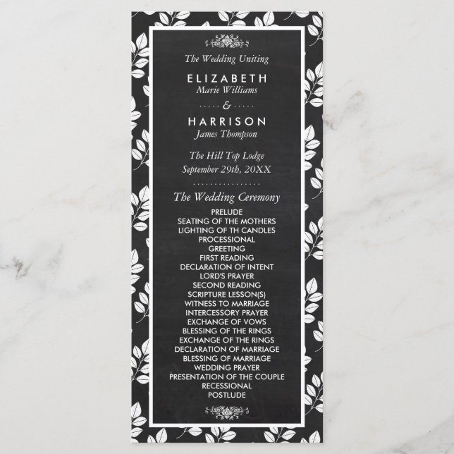 Programa de Casamento de Folhas Florais Chalkboard (Frente)