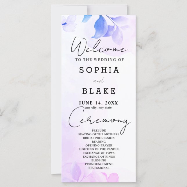 Programa de Casamento de Folhas Roxas e Flores (Frente)