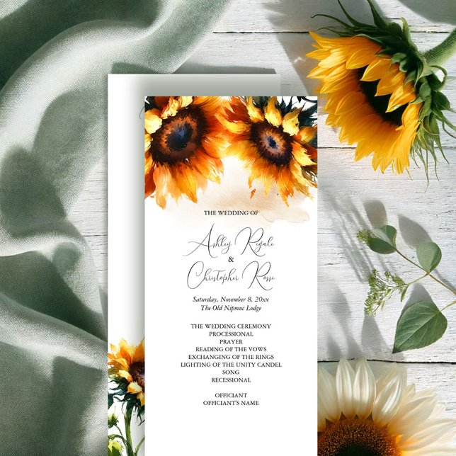 Programa de Casamento de Girassol - Russo (Rustic wedding programs watercolor sunflowers exclusive to VG Invites)