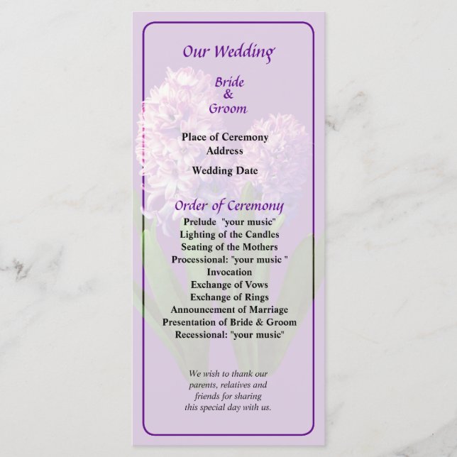 Programa de Casamento de Hyacinths Rosa (Frente)