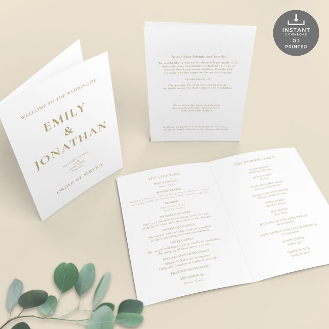 Programa de Casamento de Igreja de Texto Dourado I (Views of front and back and inside)