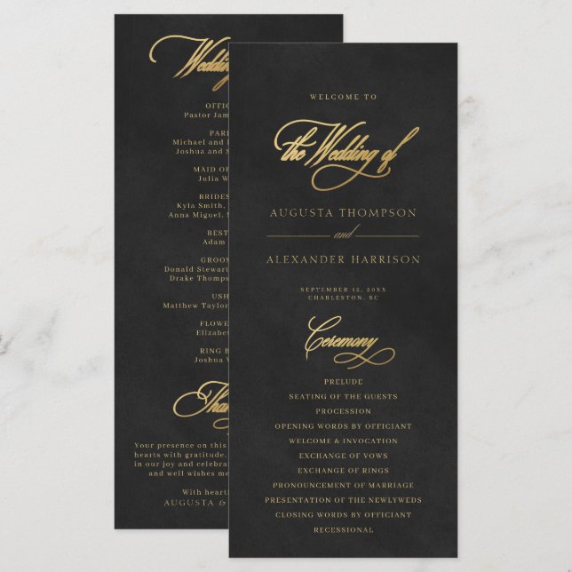 Programa de Casamento de Imitação de Veludo Negro  (Frente/Verso)