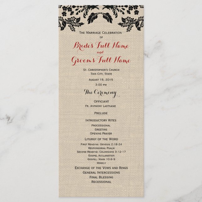 Programa de Casamento de Jardim do País e Burlap (Frente)