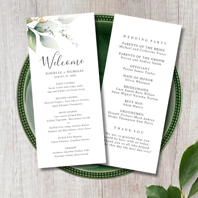 Programa de Casamento de Jardim Dourado Verde (Watercolor Wedding Menu)