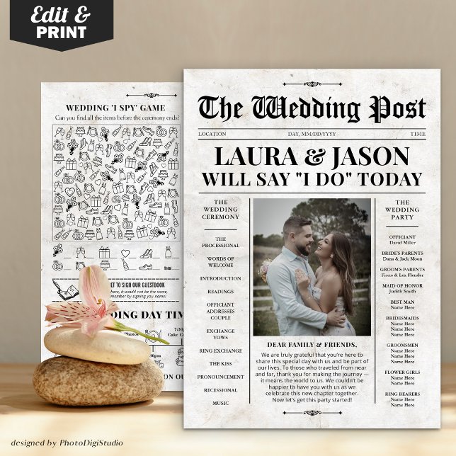 Programa de Casamento de Jornais Retroativos com C (Retro Newspaper Wedding Program with Timeline Card)