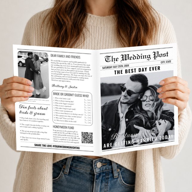Programa de Casamento de Jornal Antigo | Preto Clá (Vintage Newspaper Wedding Program  Classic Black)